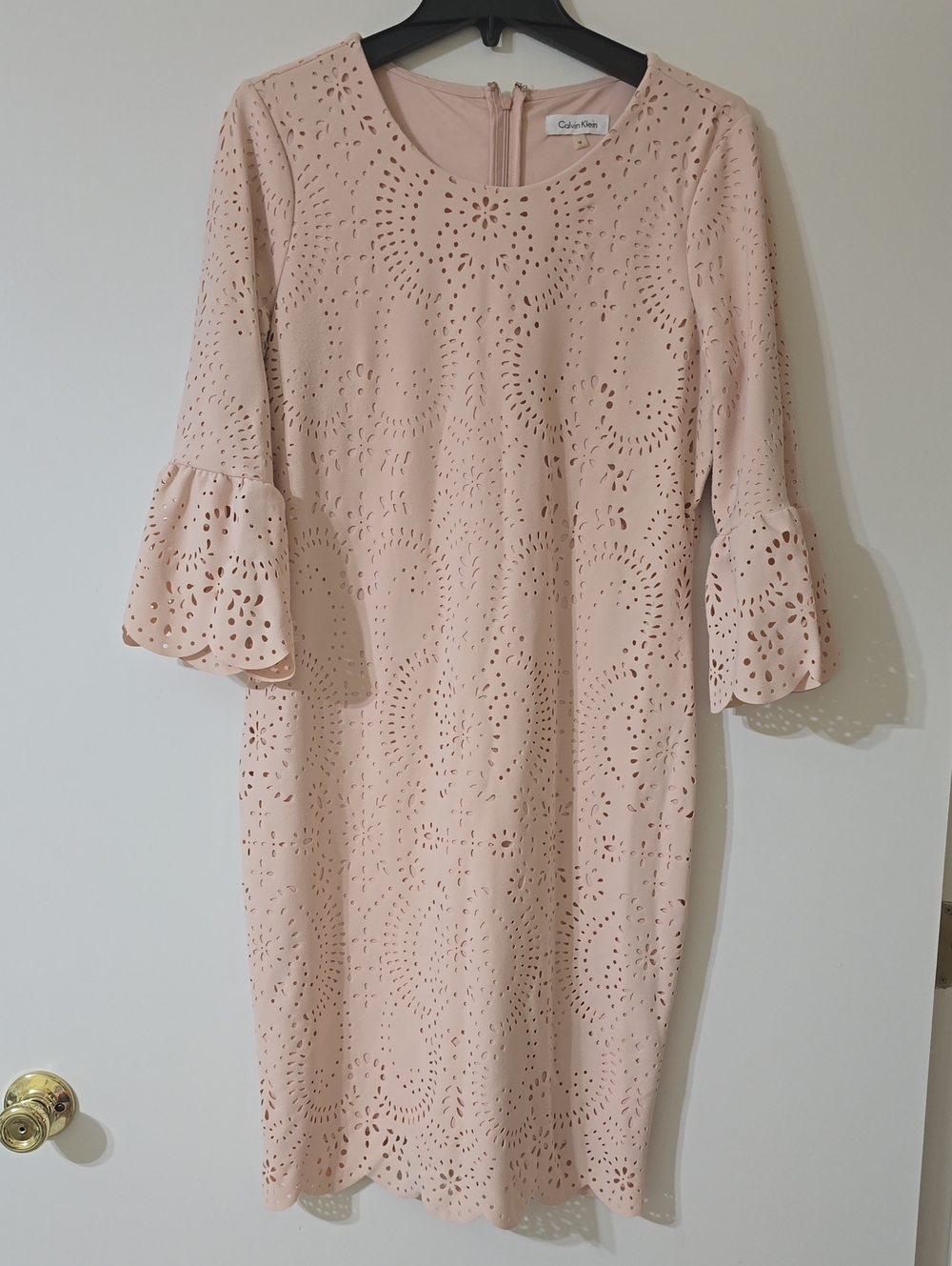 Calvin Klein Light Pink Eyelet Midi Dress with Flounced Sleeves